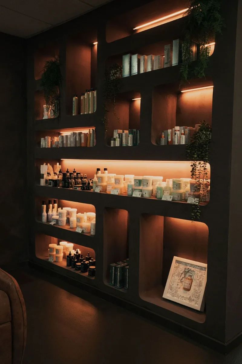 Illuminated product wall at FUSE Beauty Atelier